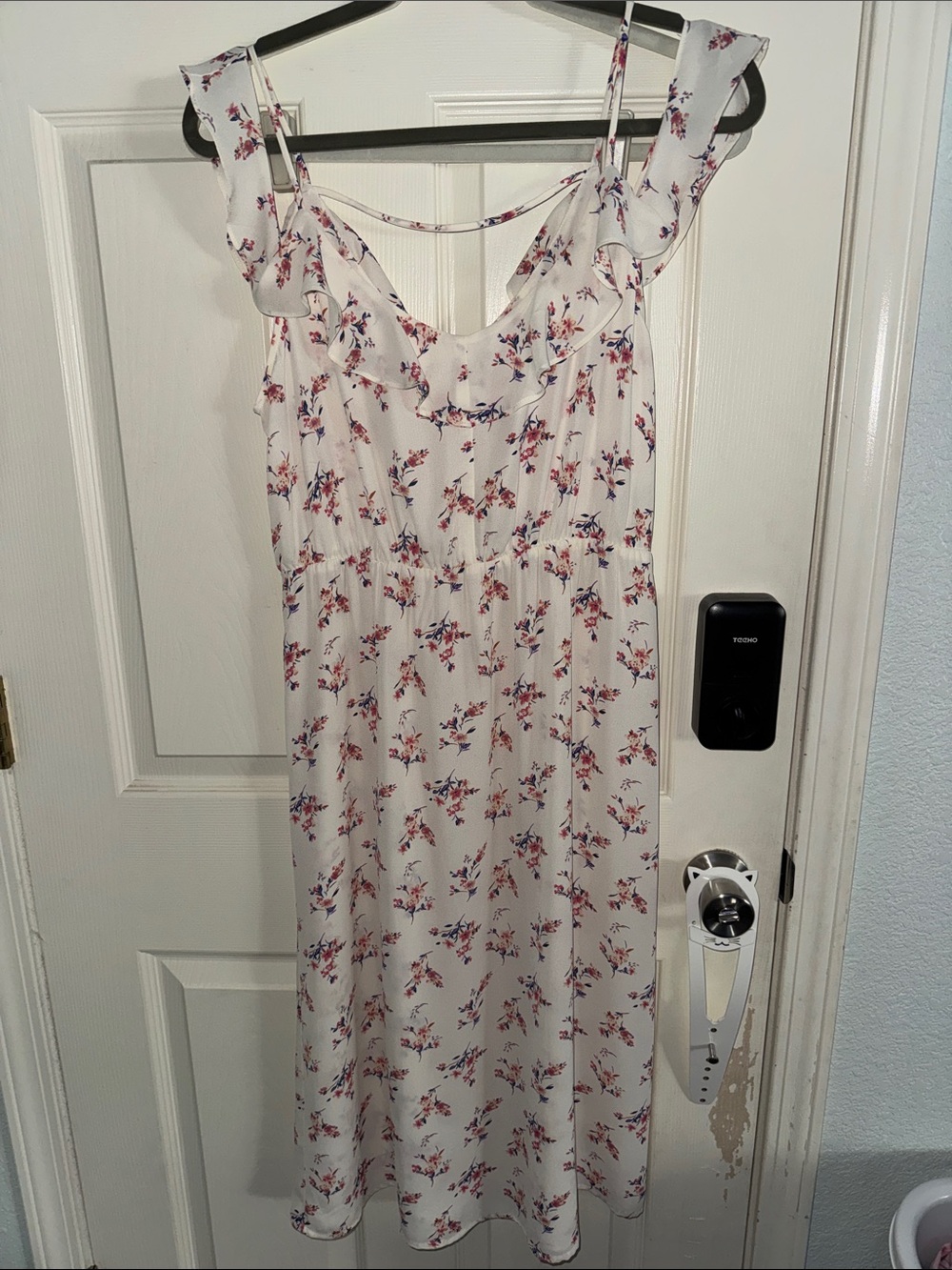 White Floral Ruffle-Trim Midi Dress with Pink & Blue Spring Print